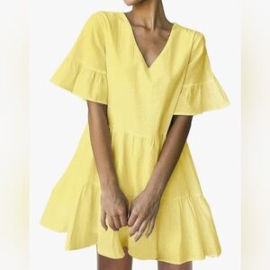 V-Neck Tiered Pocket Ruffle Mini Yellow Summer Swing Shift Dress Sunshine